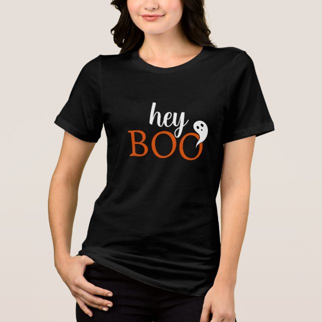 Hey Boo Orange Black Funny Halloween Ghost Womens  Tri-Blend Shirt (Front)