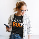 Hey Boo Orange Black Funny Halloween Ghost Womens Tri-Blend Shirt<br><div class="desc">Modern and cute "Hey Boo" Halloween graphic tee shirt design features text in orange and white lettering with a little ghost accent. Available in multiple styles and sizes for the whole family.</div>