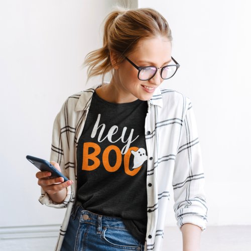 Hey Boo Orange Black Funny Halloween Ghost Womens Tri_Blend Shirt