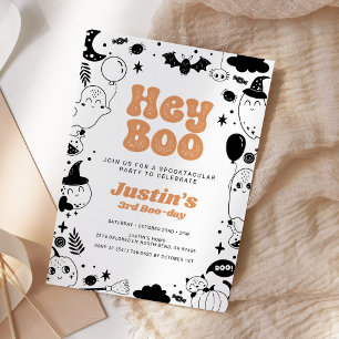 Hey Boo Orange Ghost Halloween Birthday Invitation