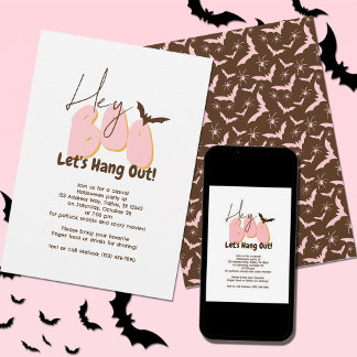 Hey Boo Pink Bats Spiders Casual Halloween Party Invitation