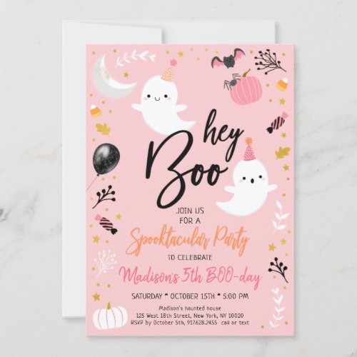 Hey Boo Pink Ghost Halloween Birthday Invitation