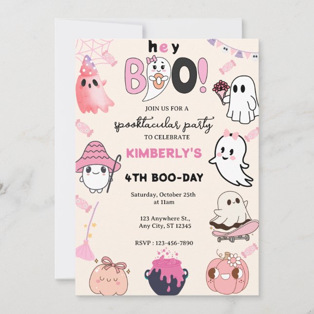 Hey Boo Pink Ghost Halloween Birthday Invitation (Front)