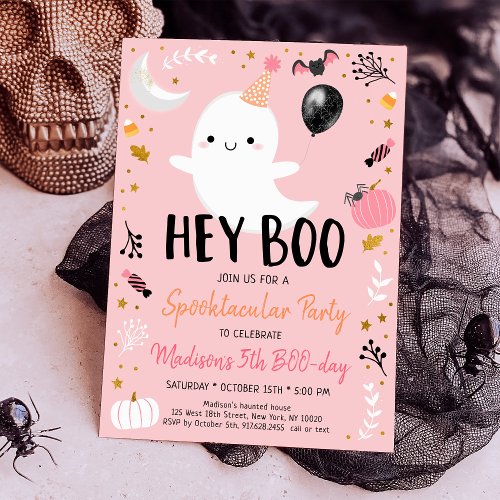 Hey Boo Pink Ghost Halloween Birthday Invitation