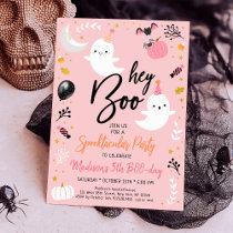 Hey Boo Pink Ghost Halloween Birthday Invitation