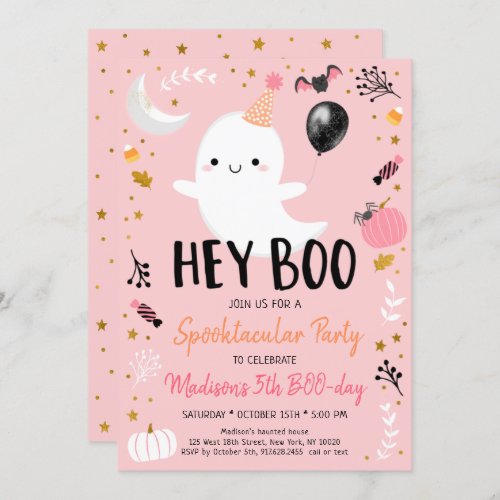 Hey Boo Pink Ghost Halloween Birthday Invitation