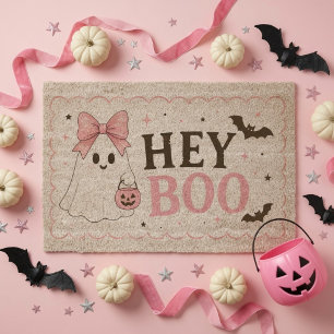 Hey Boo Pink Ghost Halloween Fiber Doormat