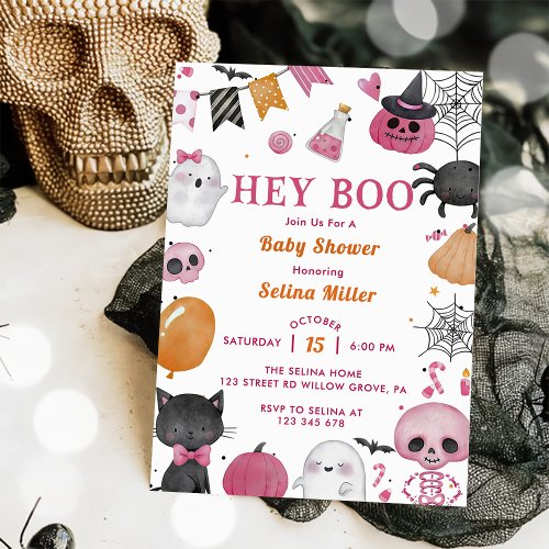 Hey Boo Pink Halloween Baby Shower Invitation