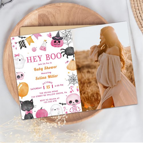 Hey Boo Pink Halloween Baby Shower Photo Invitation