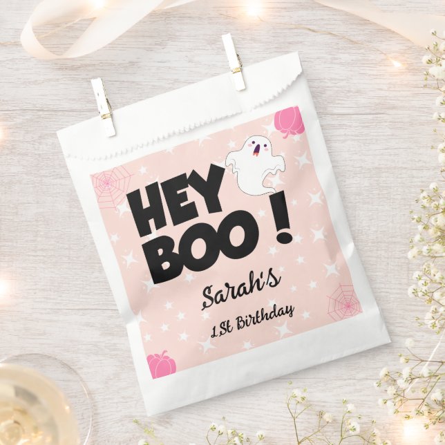 Hey Boo Pink Halloween Ghost Birthday party Favor Bag (Clipped)