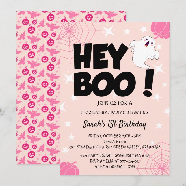 Hey Boo Pink Halloween Ghost Birthday party Invitation (Front/Back)