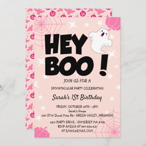 Hey Boo Pink Halloween Ghost Birthday party Invitation