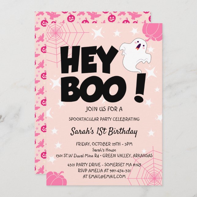 Hey Boo Pink Halloween Ghost Birthday party Invitation (Front/Back)