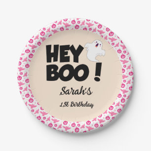 Hey Boo Pink Halloween Ghost Birthday party Paper Plates