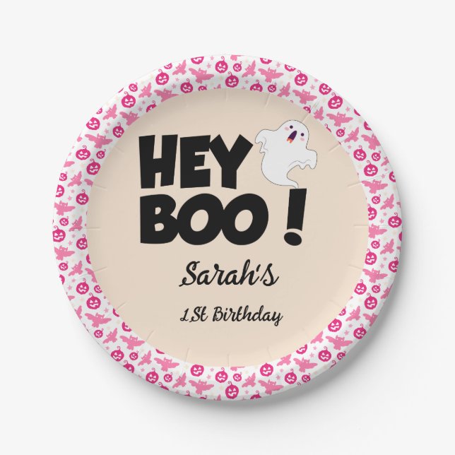 Hey Boo Pink Halloween Ghost Birthday party Paper Plates (Front)