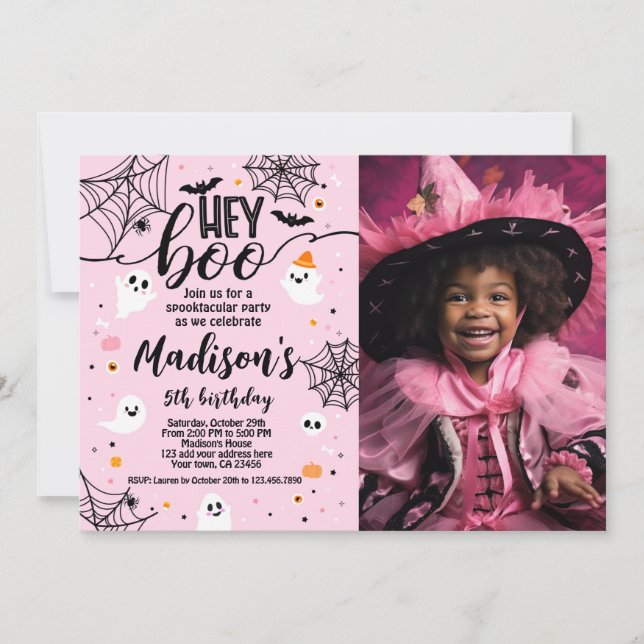Hey Boo, Pink Halloween Invitation with Photo (Front)