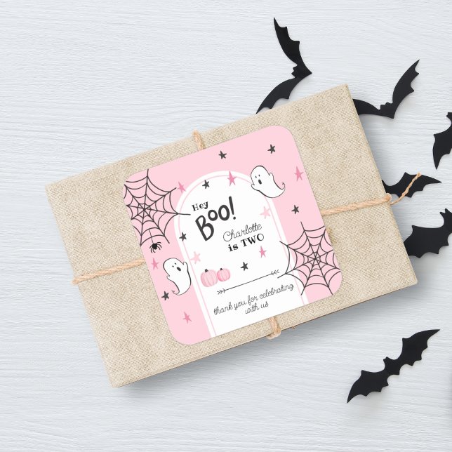 Hey Boo Pink Halloween Second Birthday Favor Square Sticker (Creator Uploaded)