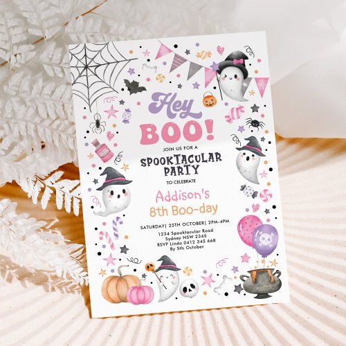Hey Boo Pink Lilac Halloween Ghost Girl Birthday Invitation