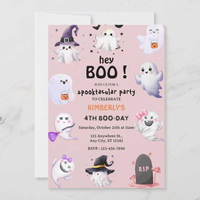 Hey Boo! Pink Lilac Halloween Ghost Girl Birthday Invitation (Front)