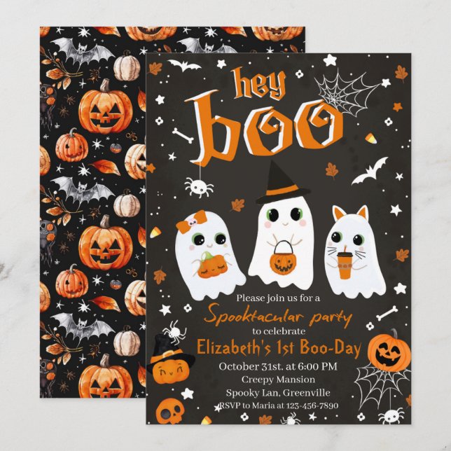 Hey Boo Spooktacular Halloween 1st Birthday Party  Invitation (Front/Back)