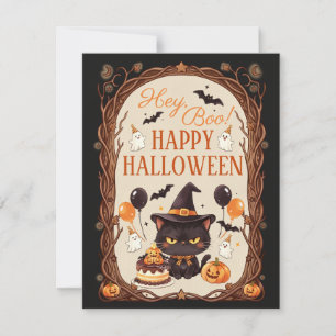 Hey Boo Spooky Cute Black Cat Witch Halloween Note Card