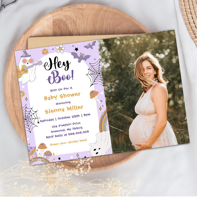 Hey Boo! Spooky Halloween Ghost Baby Shower Photo Invitation (Creator Uploaded)