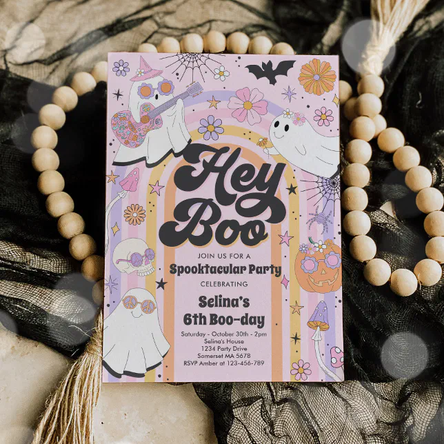 Hey Boo Spooky Halloween Groovy Ghost Invitation | Zazzle