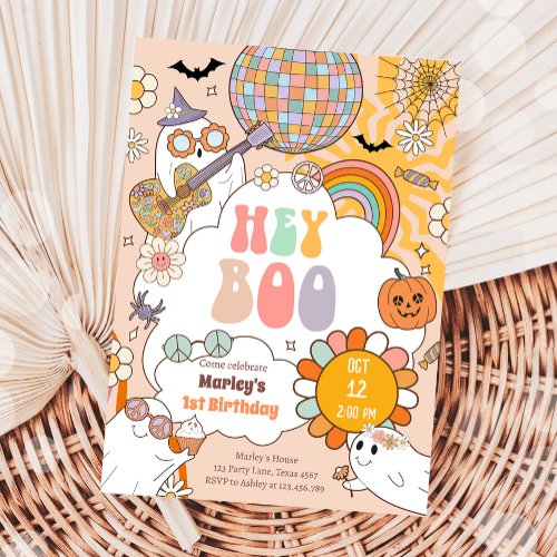 Hey Boo Spooky Retro Halloween Party Girl Birthday Invitation