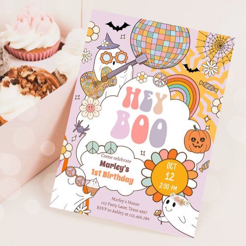 Hey Boo Spooky Retro Halloween Party Girl Birthday Invitation