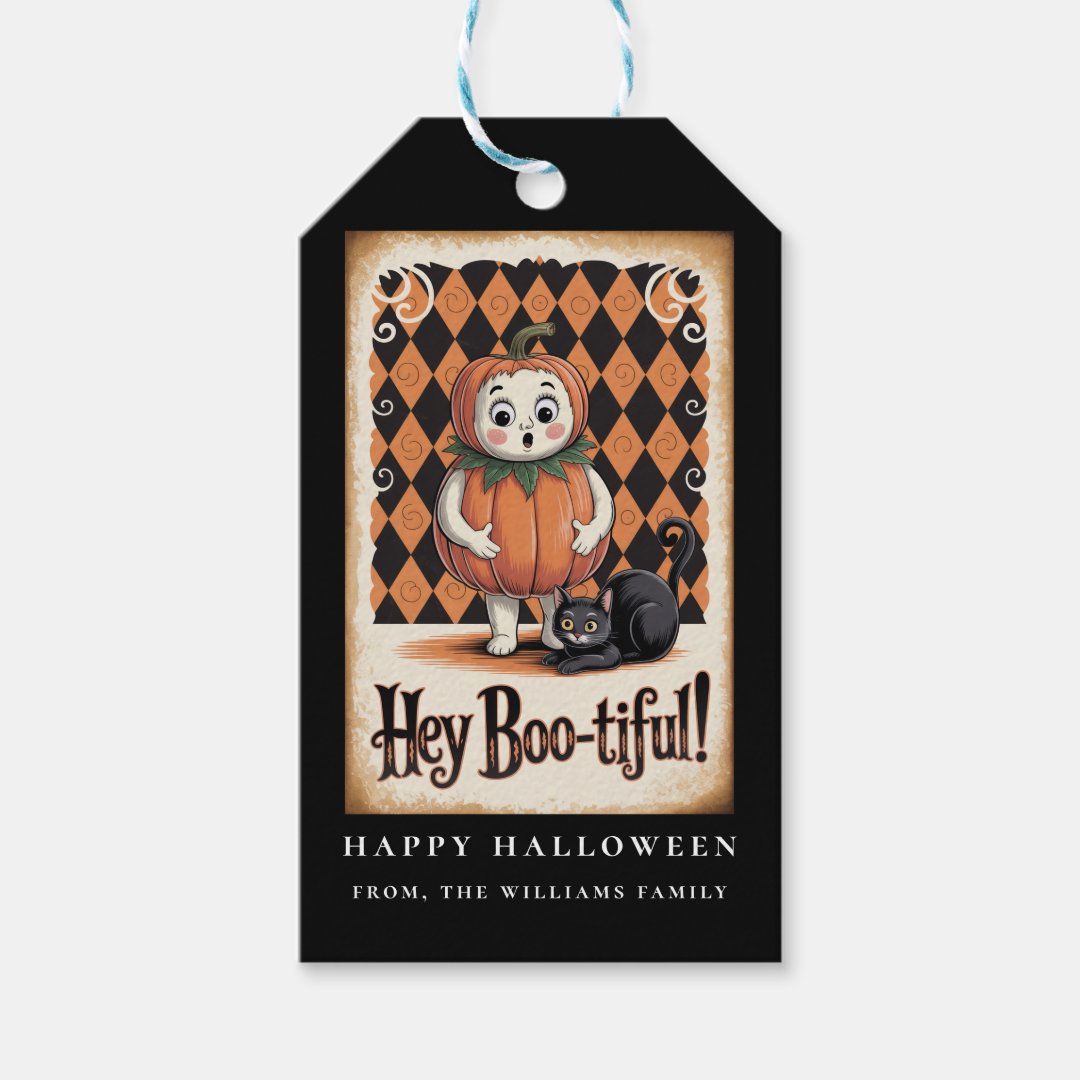 Hey Boo-tiful! Vintage Halloween Pumpkin Costume  Gift Tags (Front)