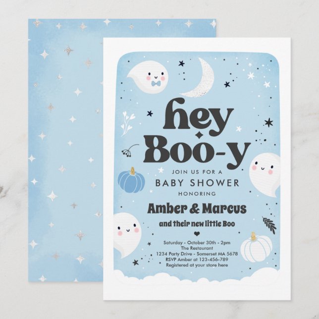 Hey Boo-y Blue Boy Ghost Baby Shower Invitation (Front/Back)