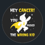 Hey Cancer You Picked The Wrong Kid Childhood Canc Classic Round Sticker<br><div class="desc">Hey Cancer You Picked The Wrong Kid Childhood Cancer Ribbon _2</div>