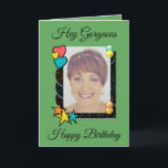 Hey gorgeous hearts stars photo green birthday card<br><div class="desc">Hey gorgeous,  happy birthday.
You are pretty amazing.
Designed in green,  red,  blue,  yellow and orange,  with love hearts and stars.
Add a message,  name and a photo to this greeting card.</div>
