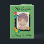 Hey gorgeous hearts stars photo green birthday card<br><div class="desc">Hey gorgeous,  happy birthday.
You are pretty amazing.
Designed in green,  red,  blue,  yellow and orange,  with love hearts and stars.
Add a message,  name and a photo to this greeting card.</div>
