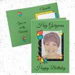 Hey gorgeous hearts stars photo green birthday card<br><div class="desc">Hey gorgeous,  happy birthday.
You are pretty amazing.
Designed in green,  red,  blue,  yellow and orange,  with love hearts and stars.
Add a message,  name and a photo to this greeting card.</div>