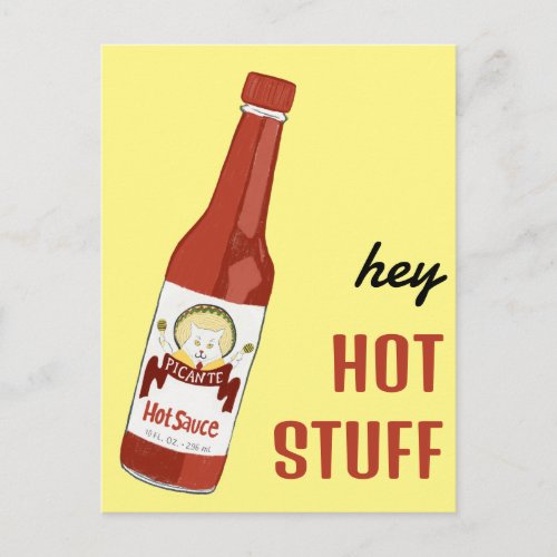 HEY HOT STUFF Spicy Hot Sauce Cat Maracas Love Postcard
