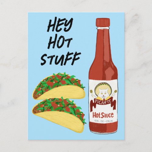 HEY HOT STUFF Tacos Spicy Sauce Cat Maracas Salsa Postcard