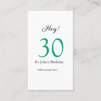 Hey it's 30th birthday green black bold letter nam business card