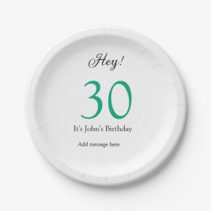 Hey it's 30th birthday green black bold letter nam paper plates