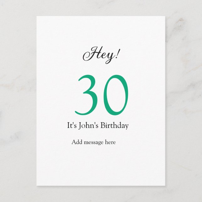 Hey it's 30th birthday green black bold letter nam postcard (Front)