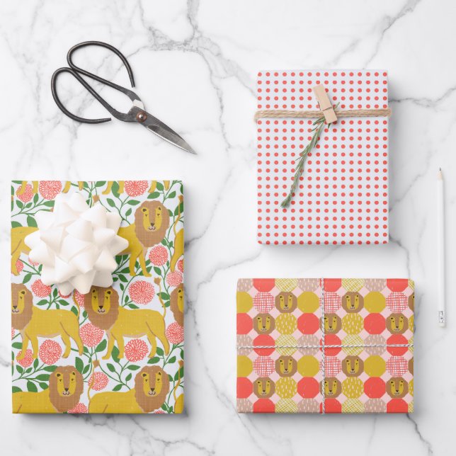 Hey Lion! Lions, Polkadots, Bright Colors Wrapping Paper Sheets (Front)