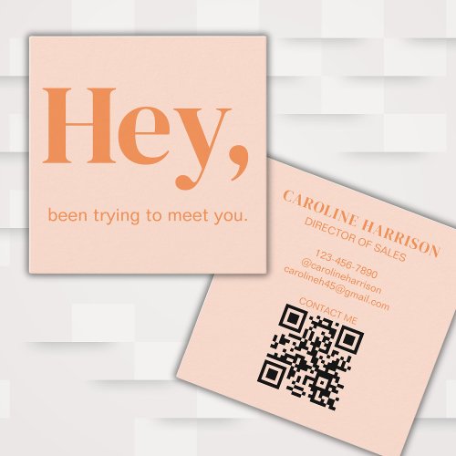 Hey Modern Minimalist Bold Colorful QR Code Peach Square Business Card