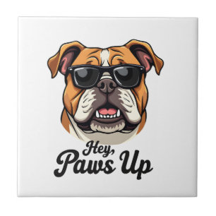 Hey Paws Up Vintage Bulldog with Sunglasses Funny Ceramic Tile