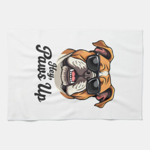 Hey Paws Up Vintage Bulldog with Sunglasses Funny Kitchen Towel