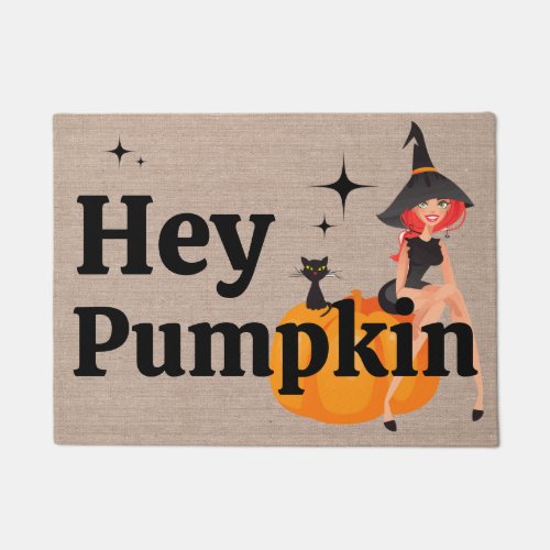 Hey Pumpkin Funny Fall Halloween Retro Witch Cat  Doormat