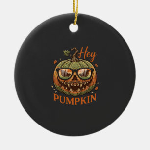 Hey Pumpkin Halloween Jack Lantern Glasses Mustach Ceramic Ornament