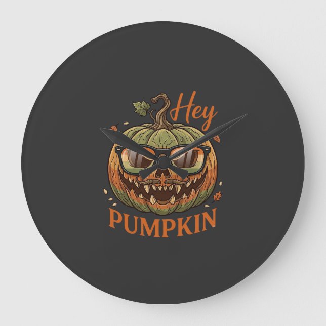 Hey Pumpkin Halloween Jack Lantern Glasses Mustach Large Clock (Front)