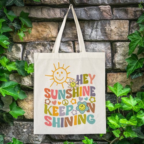 Hey Sunshine Trendy Flowers Retro Vegan Tote Bag