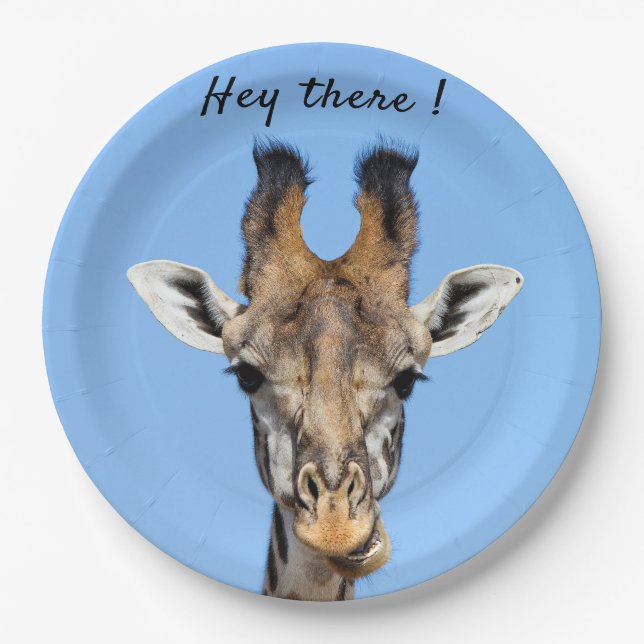 Hey there funny Giraffe photo with text Paper Plates (Front)
