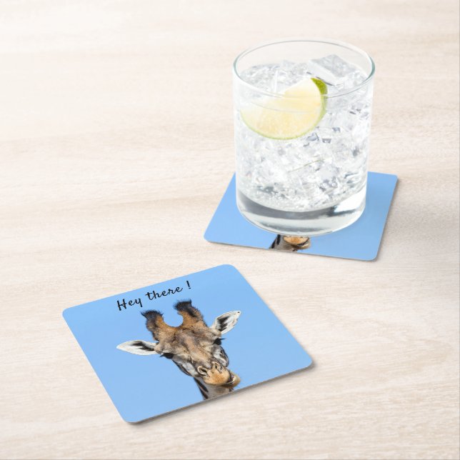 Hey there funny Giraffe photo with text Square Paper Coaster (Insitu)